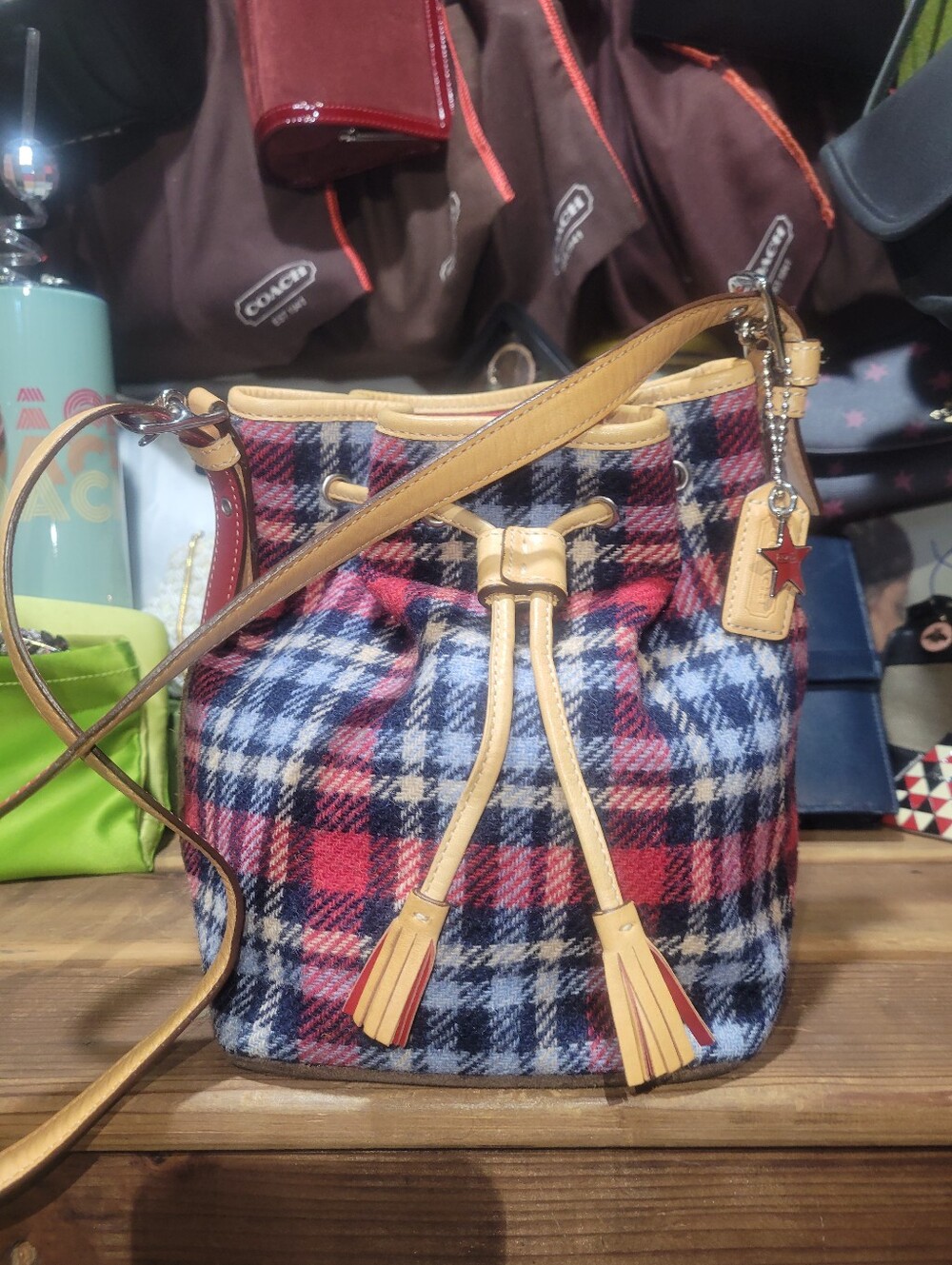 Coach Holiday Plaid Drawstring Bucket Bag (Style 7576)
